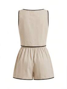 Ellevyn Bộ đồ nữ mùa hè kiểu dáng thường ngày, áo tank top cổ tròn phối viền tương phản và quần short (2 món) - Màu be - Xem 4