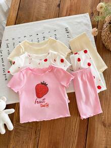 SHEIN LMoss Kids 女婴可爱卡通草莓图案荷叶边圆领短袖短裤柔软针织睡衣套装，6件套夏季 - 彩色 - 查看 3