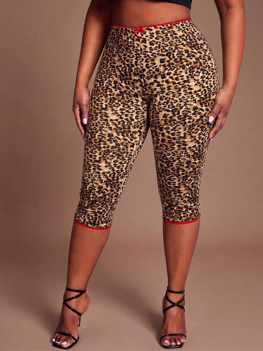 Radiana Leggings Capris Talla Grande Estampado Leopardo Multicolor Tela de Punto Patrón Texturizado Alta Elasticidad Control de Abdomen Casual Verano