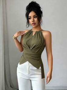 SHEIN Elenzya 1 chiếc áo kiểu nữ mùa xuân/hè bằng cotton nguyên chất đính hạt gỗ, cổ yếm chữ V, eo chéo, vạt áo bất đối xứng, chất liệu linen, kiểu dáng nhẹ nhàng, thích hợp cho hẹn hò và công sở. - xanh quân đội - Xem 3