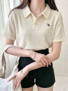 FRIFUL Women's Apricot Basic Polo Collar Embroidered T-Shirt, Turndown Collar Short Sleeve Summer Wear - Beige - View 4