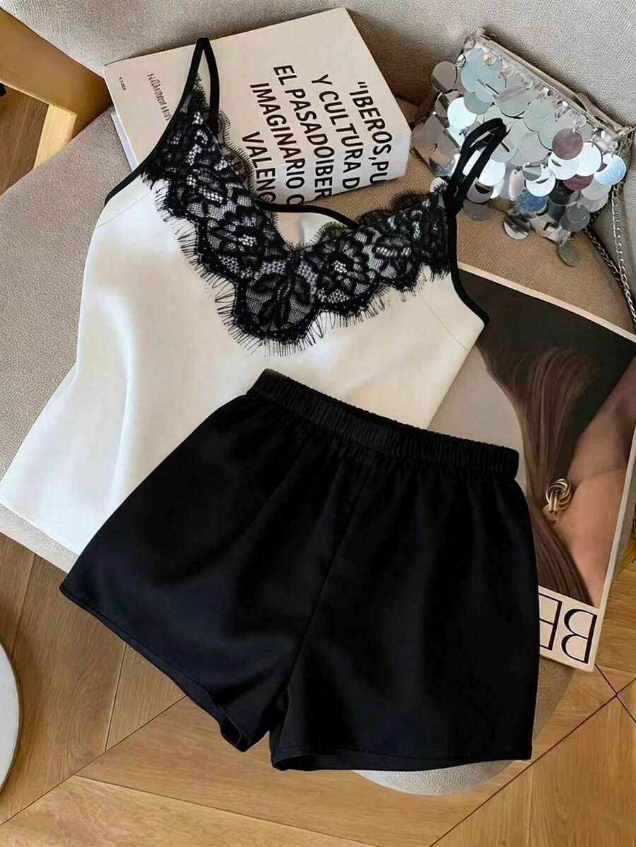 Women's Elegant Lace Trim 2 Pieces Set, Summer - Black and White - View 1