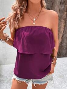 Breezaya Women's Solid Color Ruffle Hem Bandeau Top For Vacation - Purple - View 5
