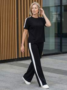 EMERY ROSE Middle-Aged & Elderly Women's Casual Colorblock T-Shirt And Pants Set, Summer - Black - View 6