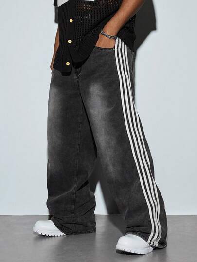 Modcrash Grunge Goth Y2K Style Men's Casual Loose Wide-Leg Versatile Striped Denim Jeans, Personalized Street Fashion Sporty College Look, Details Like Buttons & Zipper, Suitable For Daily, Commuting, Home, Outdoor Wear