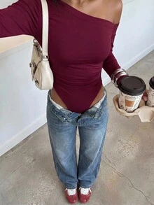 Black Oblique Shoulder Ruched Waist Fitted Long Sleeve Casual Bodysuit For Women, Autumn - Burgundy - View 5