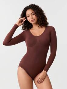 Loungeista 1pc Women's Seamless Crew Neck Long Sleeve Shapewear, Full Coverage Comfortable Bodysuitfor Summer - Brown - View 5