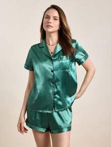 Hourtrue Contrast Piping Satin PJ Set / Pajama Set - Green - View 8