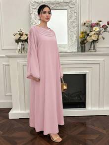 Yasmyna 女士优雅纯色蕾丝边镂空阿拉伯风格连衣裙 - 粉色 - 查看 6