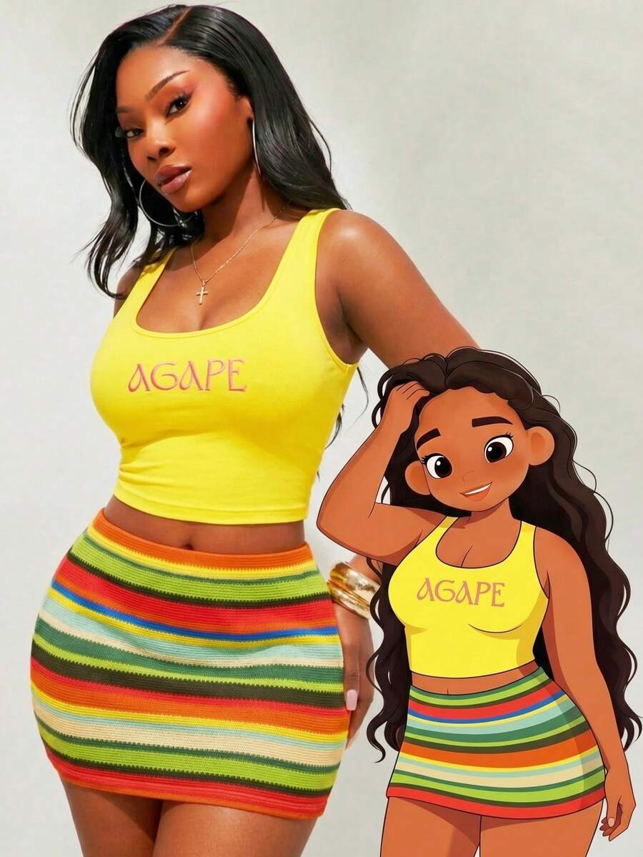 SHEIN SXY Plus Size Yellow Summer 80s Fancy Dress Holiday Pride Month Women's 2-Piece Set,Letter Print U-Neck Tank Top & Colorful Textured Knit Short Skirt