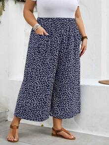 SHEIN CURVE+ Große Größen US22 Musikfestival, Strandurlaub, Boho Ditsy Blumen Weite Bein Lässig Palazzo Hose - marineblau - Übersicht 6