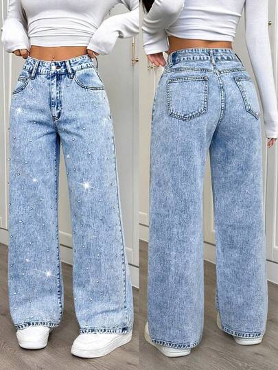 SHEIN Tall Women's Rhinestone Decorated Plain Simple Daily Wear Jeans