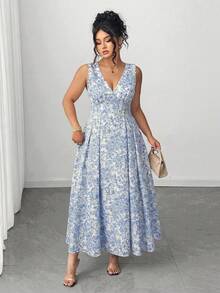 Elenzga Vestido de línea A con cintura ceñida, cuello en V y sin mangas con estampado floral elegante para mujer de talla grande, primavera temprana - Azul - Ver 7