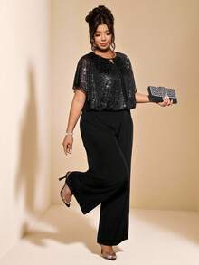 Allurite Plus Size Women's New Elegant Crew Neck Casual Loose Silver Foil Mesh Jumpsuit, Suitable For Party, Daily Wear, Commuting - Black - View 4