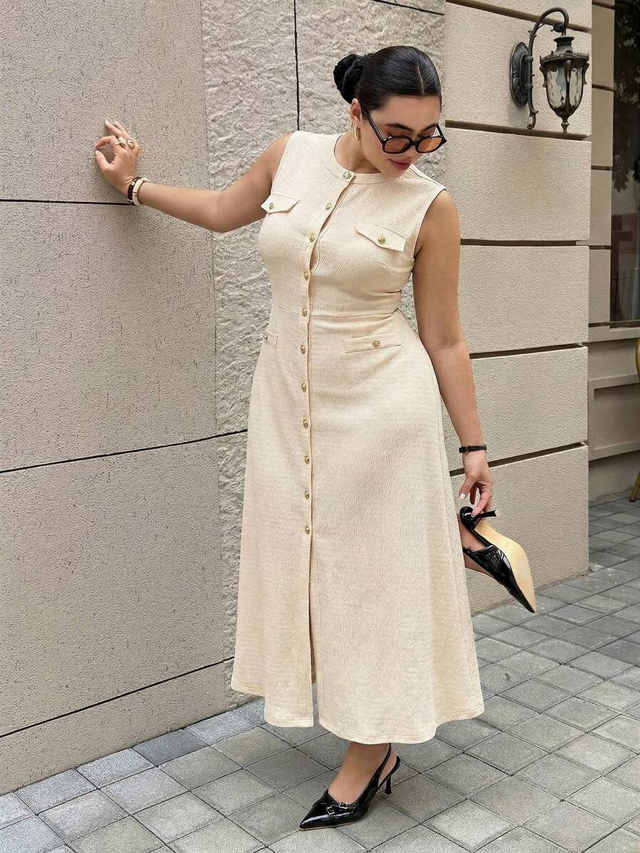 Dripcurv 時尚杏色無袖鈕扣前襟口袋女款優雅休閒中長洋裝 - 杏色 - 查看 1