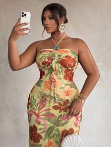 Firerie Plus Size Women Floral Print Ruffle Trim Bodycon Halter Dress Casual Vacation Dress For Women Flower Prints For Women - Multicolor - View 4