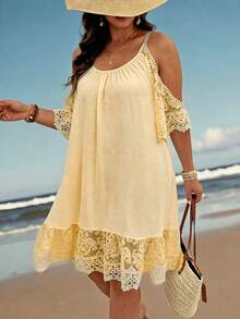 EMERY ROSE Plus Size Contrast Lace Crinkle Fabric Open Shoulder Short Sleeve Lace Strap Scoop Neck Hem Lace Casual Vacation Midi Dress - Pale Yellow - View 6