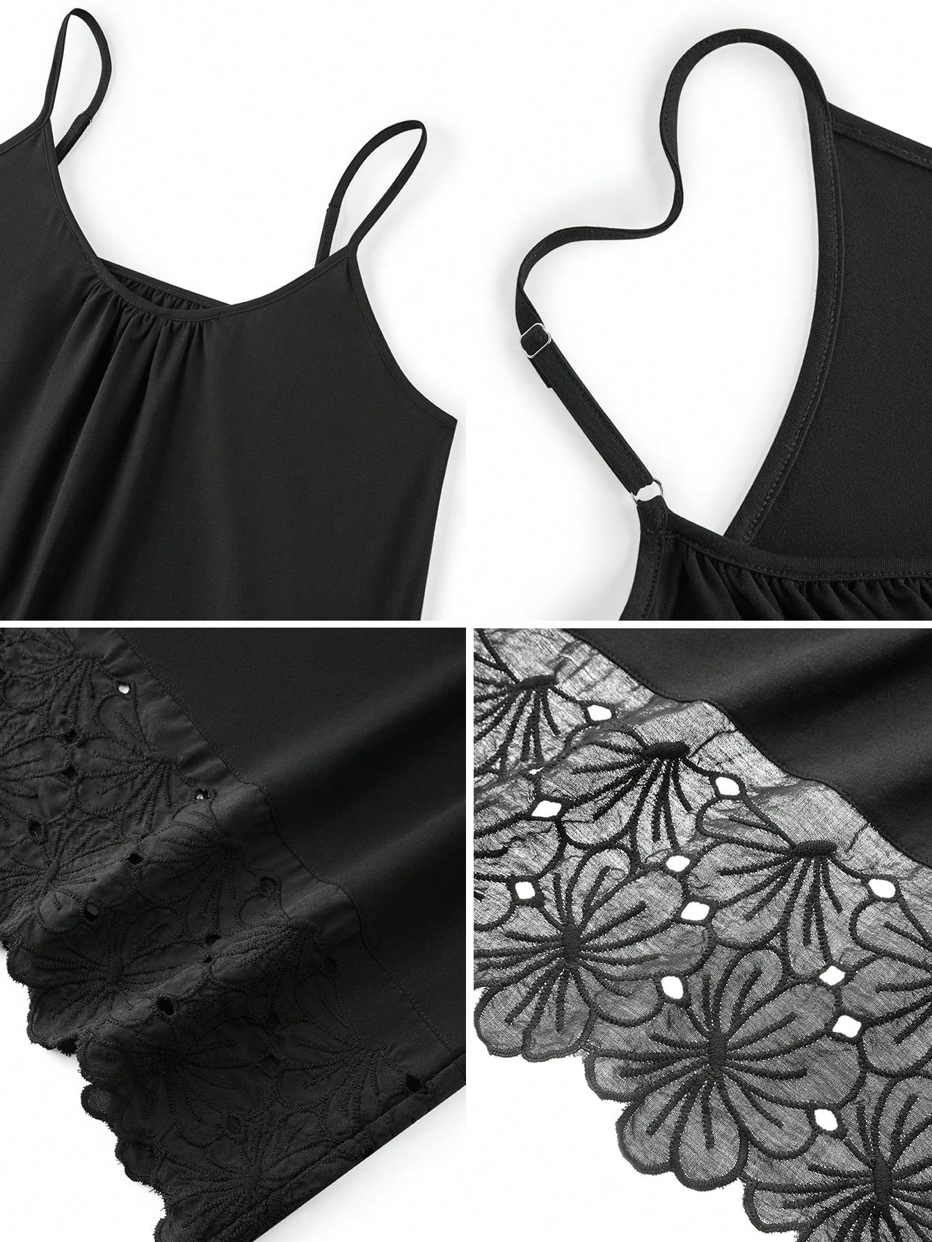 Besticktes, sexy schwarzes Nachthemd aus Baumwolle, Damen Pyjamas Slip Kleid