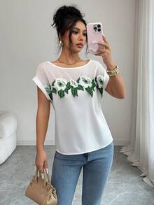 Selianne 女款優雅夏季白色緞面拼接蕾絲短袖修身休閒上衣，適合度假與下午茶 - 白色 - 查看 4