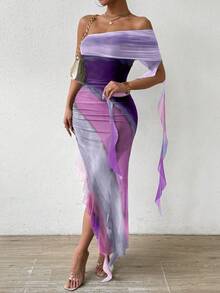 Rafferiza Vestido largo con estampado degradado, un solo hombro, drapeado y volantes para mujer - Púrpura polvoriento - View 3