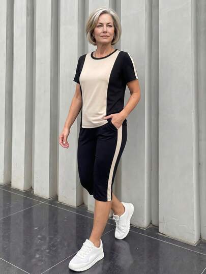 EMERY ROSE 中老年女性撞色短袖T恤和百慕大短裤套装
