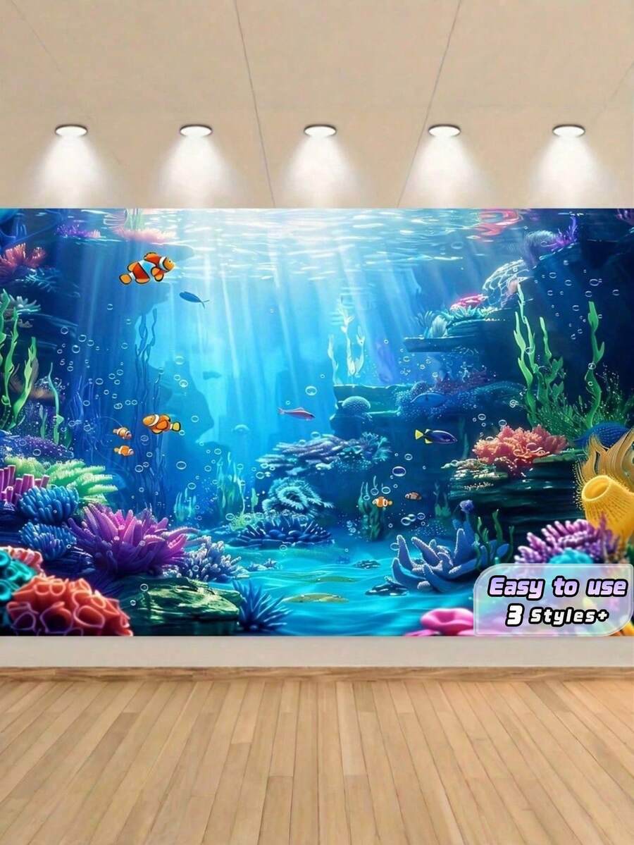 1pc Ocean Princess Polyester Underwater Marine Life Backdrop Banner, Mermaid Theme Party Banner, Suitable For Photo Booths And Birthday Cake Table Decorations - Multicolor - View 1