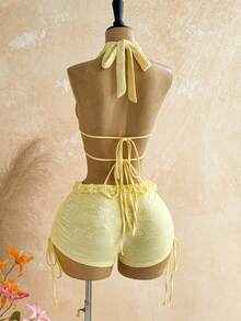 Soleia Fashionable Knitted Lace Solid Color Beach Vacation Vacation Elegant Tropical Backless Jumpsuit For Women Pale Yellow Summer - Yellow - View 2