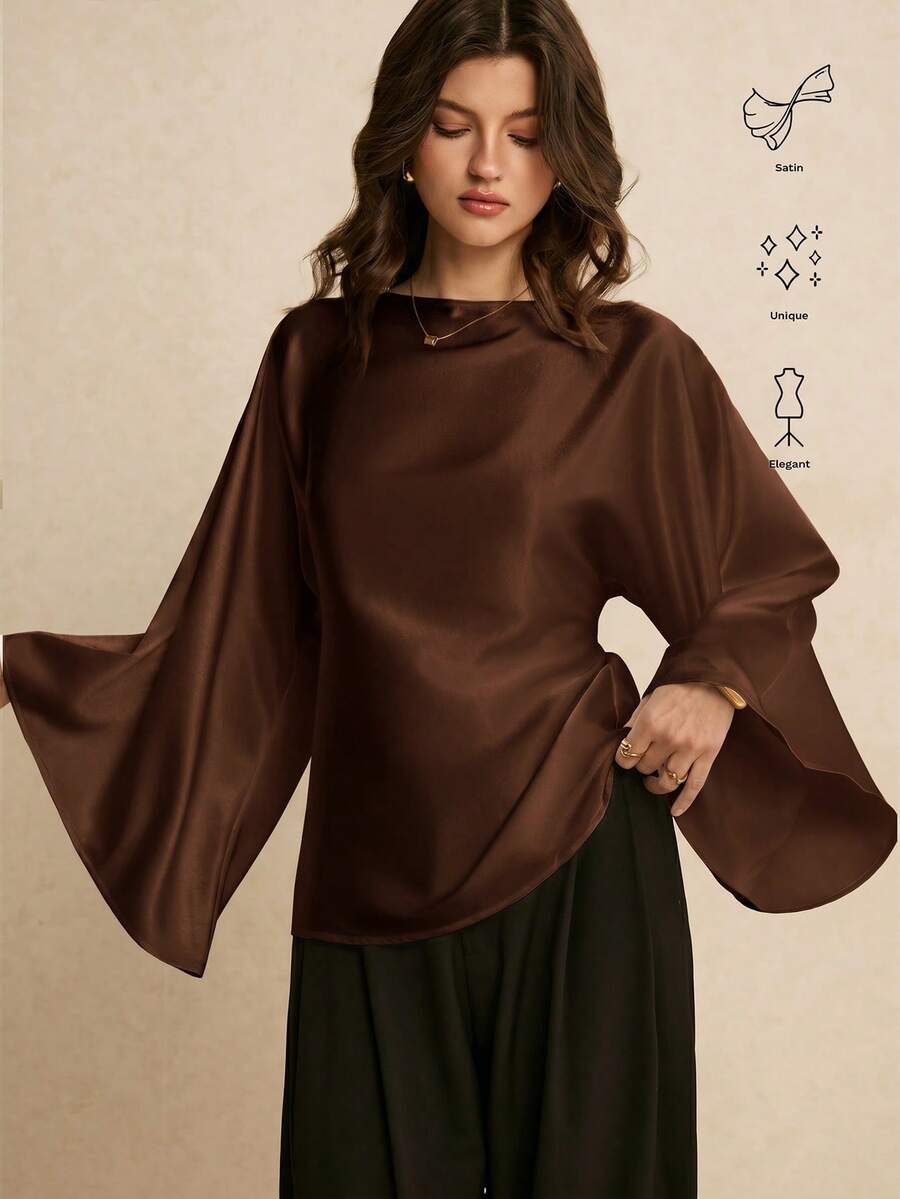 Poéselle 女士纯色船领蝙蝠袖优雅衬衫 - 咖啡棕 - 查看 1