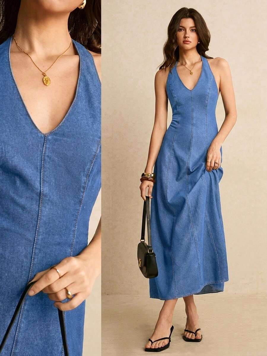 Poéselle Women's V-Neck Backless Denim Dress Vacation Light Blue Autumn Casual - Medium Wash - View 1