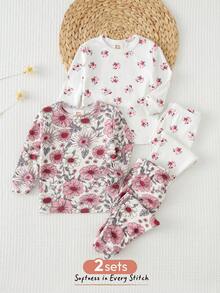 Cozy Pixies 女婴四件套贴身睡衣套装 - 花卉印花柔软针织圆领长袖上衣和松紧腰长裤 - 彩色 - 查看 3