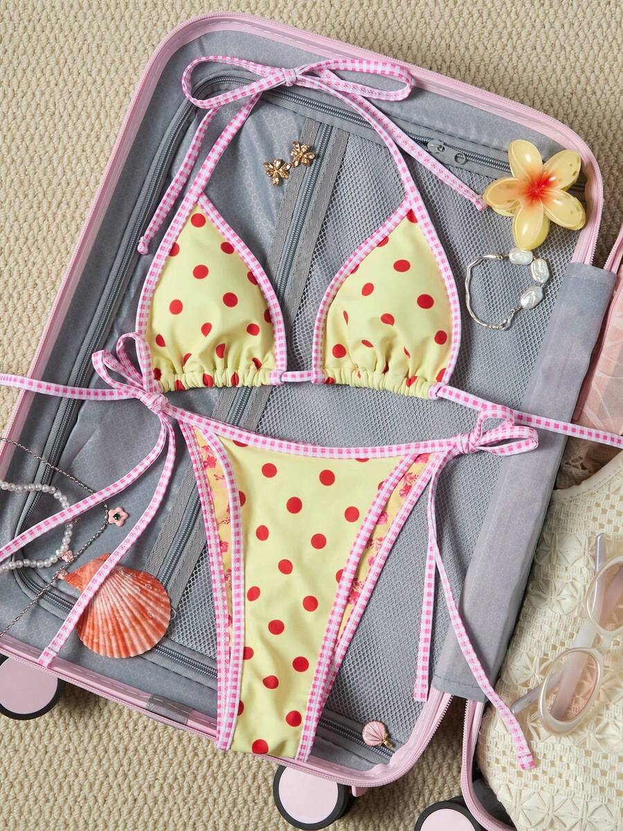Swim Mod Women's Summer Beach Golf White Patchwork Halter Tie Sexy Bikini And Triangle Briefs Swimwear Set - Light Yellow - View 1