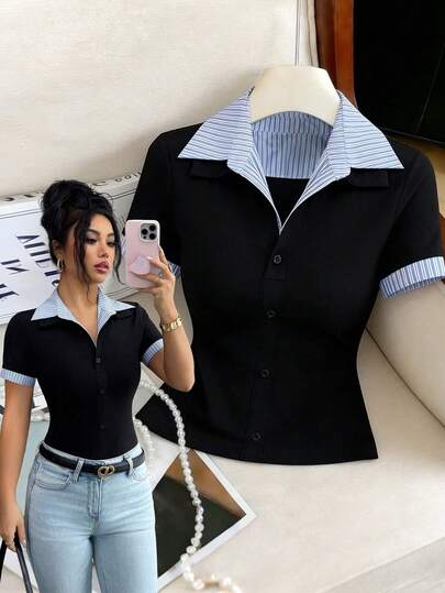 SHEIN Elenzya Bestverkauftes Blaues & Weißes gestreiftes Kragen Patchwork Schwarzes Strick Plakette dekoriertes Kurzarm Manschette Patchwork Blaues & Weißes gestreiftes Strick T-Shirt