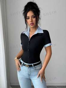 SHEIN Elenzya 畅销款蓝白条纹领拼接黑色针织门襟装饰短袖袖口拼接蓝白条纹针织T恤 - 黑色 - 查看 5