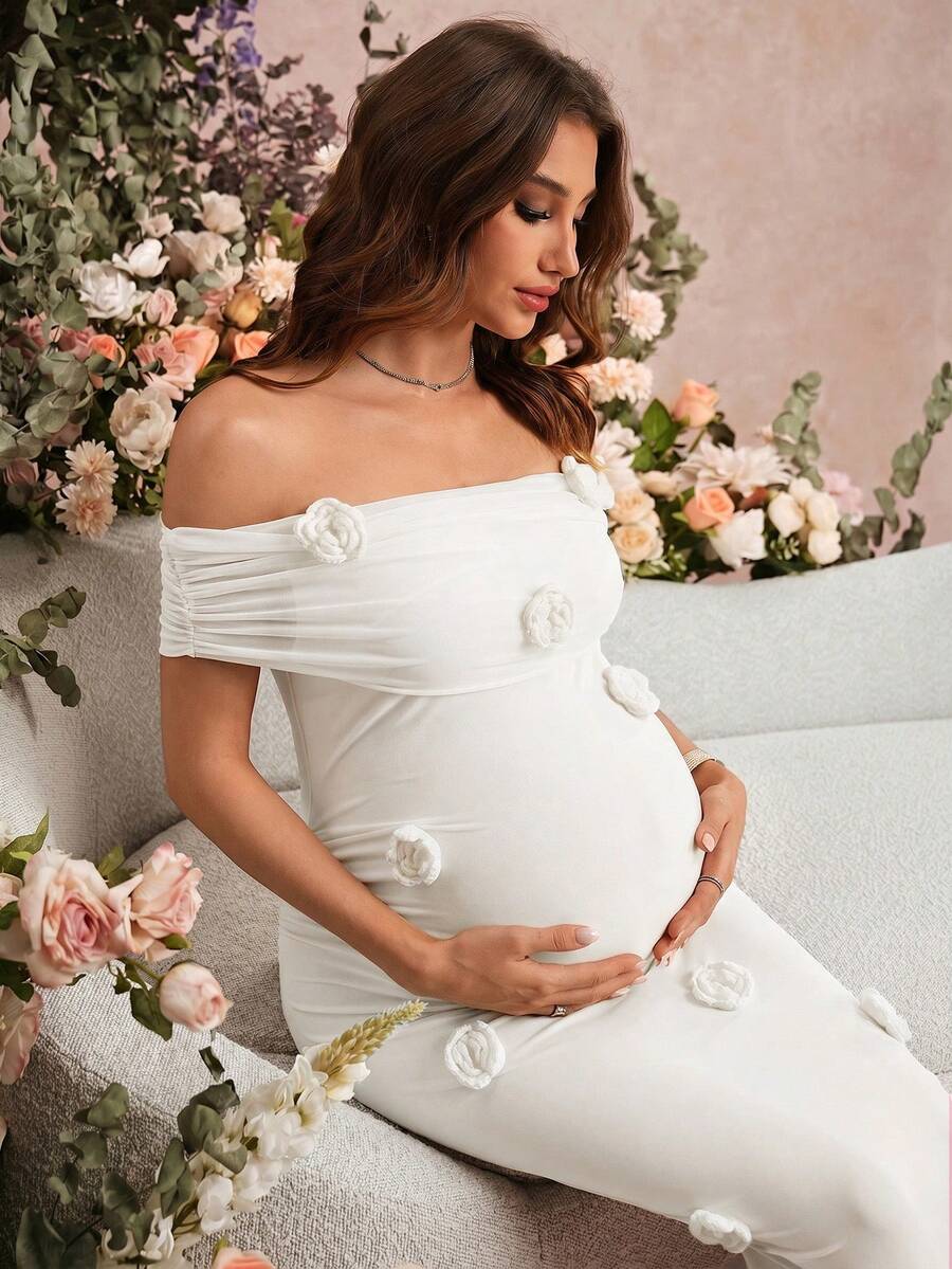 SHEIN Vestido elegante ajustado de maternidad con unicolor y aplicación en el hombro descubierto - Blanco - Ver 1