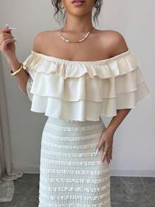 Elenzga Đầm nữ mùa hè mới màu vàng nhạt dệt kim jacquard co giãn, trễ vai, cổ vuông, nhiều lớp xếp nếp ở gấu váy, eo thon, dáng chữ A, thiết kế tối giản thanh lịch, đa năng cho du lịch, mặc hàng ngày và nghỉ mát. - Butter Yellow - Xem 3