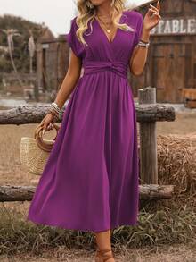 EMERY ROSE Women's Spring & Summer Bohemian Vacation Casual Shirred Waist Gathered Twist Back Ruffle Sleeve A-Line Midi Dress - Purple - View 3