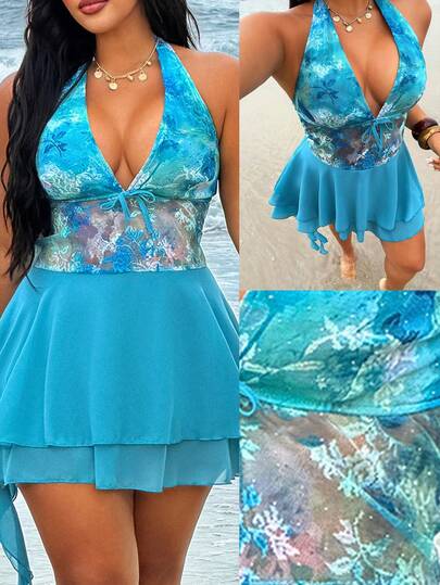 Rustia Đầm ngắn mùa hè gợi cảm hở lưng, ôm sát, khoét rỗng, màu xanh ngọc lam dành cho nữ cỡ lớn, dây mảnh, phối ren, gấu đầm xếp lớp, thời trang, gợi cảm, hở lưng, dây mảnh, eo thon, khoét eo, dáng ngắn, màu xanh ngọc lam, cỡ lớn.