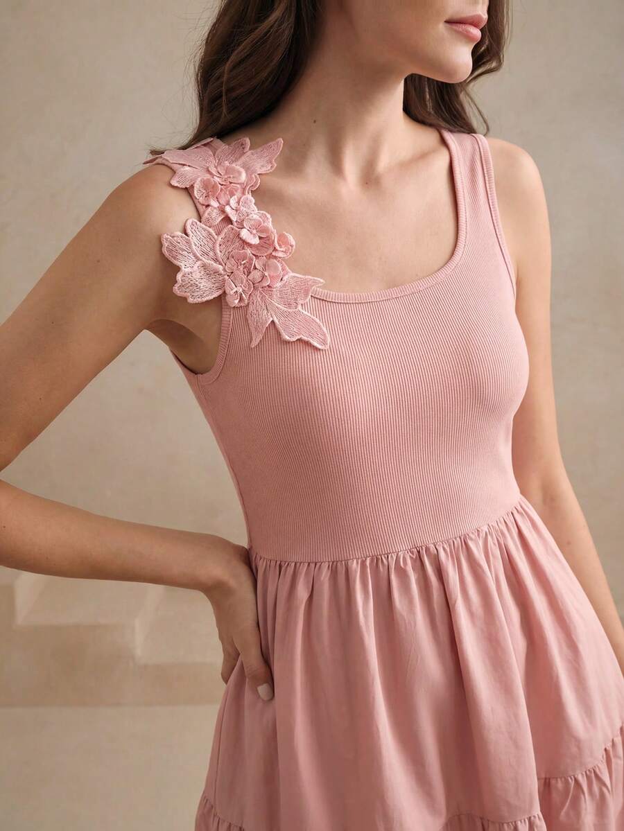 Anewsta Đầm xòe ôm dáng thanh lịch dành cho nữ, thích hợp cho kỳ nghỉ, được trang trí bằng các họa tiết thêu và ghép mảnh. - Hồng - Xem 1