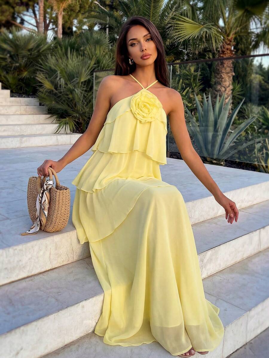 Firerie Đầm voan xếp tầng, hở lưng, thanh lịch, lãng mạn họa tiết hoa, chất liệu chiffon, thích hợp cho dự tiệc cưới, sinh nhật, tiệc chiêu đãi, kỳ nghỉ hoặc hẹn hò.