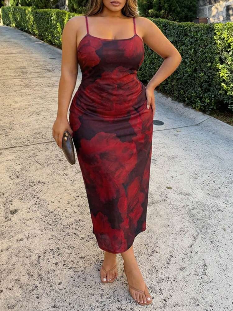 Dazy Plus Plus Size Women's Sleeveless Cinched Waist Floral Print Sexy Vacation Style Red Midi Wrap Dress, Spring/Summer