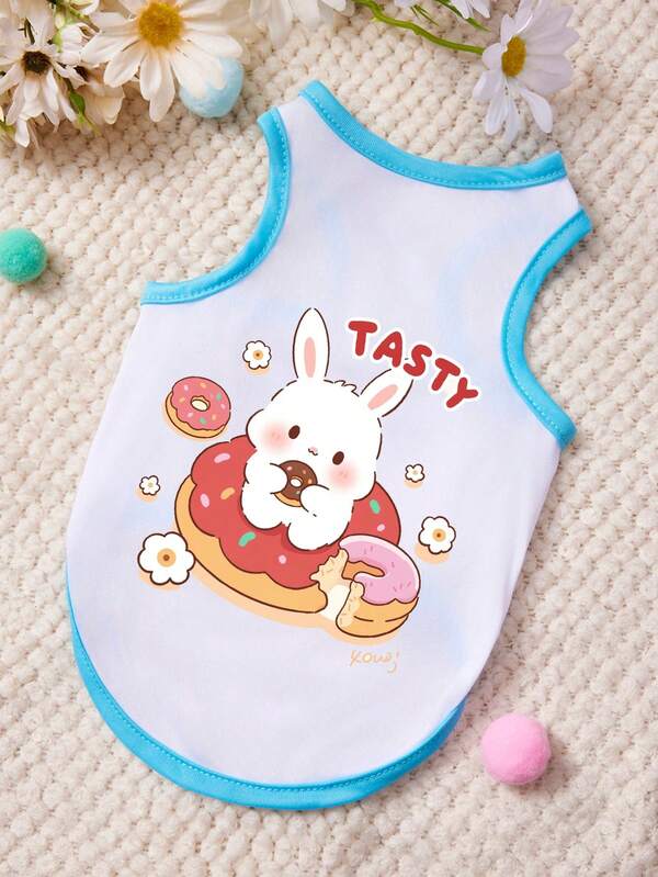 PETSIN Áo vest cho thú cưng in hình thỏ ngồi trên bánh donut, phối màu xanh dương và trắng, kiểu dáng giản dị, mềm mại và thoáng khí, chống rụng lông.