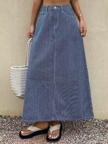DAZY Chân váy denim dài kẻ sọc kiểu dáng thường ngày dành cho nữ, thích hợp cho mùa xuân và mùa hè. - Xanh và trắng - Xem 4
