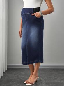 SHEIN Maternity Navy Blue Summer Casual Everyday Women's Four-Way Stretch Denim Skirt,Long Pencil Midi Jean Skirts For Pregnant Women With Pockets - Dark Wash - View 4