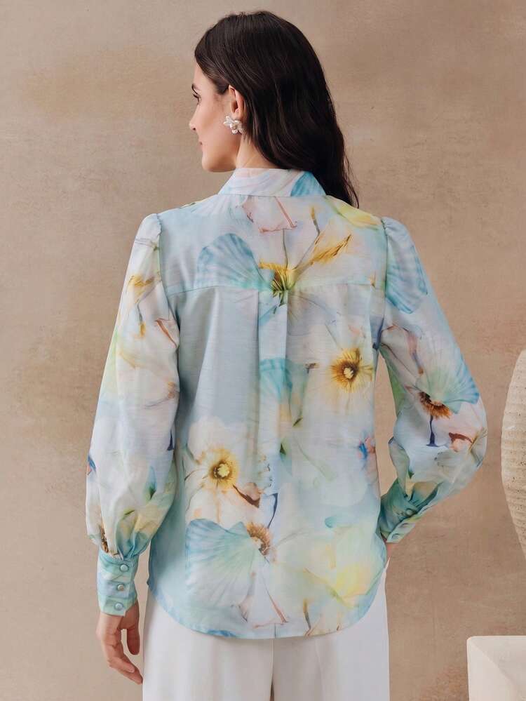 Spring/Summer New Light Blue Fresh Shell & Floral Print Collar Ruffle Long Sleeve Women Shirt