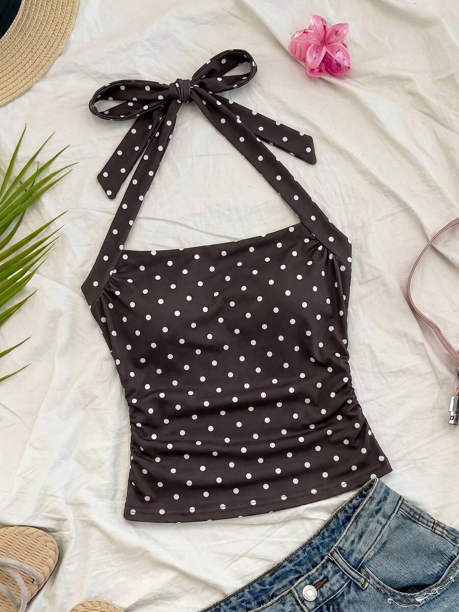 SHEIN Áo hai dây dệt kim màu hồng in hoa dâm bụt, kiểu dáng ôm sát, cổ yếm, xếp ly, thời trang dành cho bé gái tuổi teen, thích hợp cho mùa xuân/hè, dự tiệc, hẹn hò, ngày Valentine, tiệc trà chiều, lễ Phục sinh, lễ hội hóa trang, kỳ nghỉ trên du thuyền biển. - màu nâu - Xem 1
