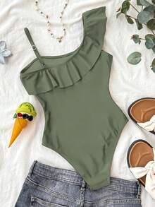 SHEIN Tween Girls' Summer Vacation Beach Casual Comfortable Sports Ruffled One-Piece Swimsuit - Green - View 2