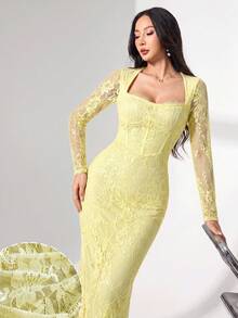Modelyn 女士方领蕾丝长袖修身中长连衣裙 - 黃色 - 查看 3
