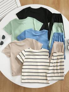 SHEIN 10件套男童舒适休闲纯色及条纹短袖T恤短裤套装，适合春夏季日常穿着、运动、郊游、上学、聚会、度假、拍照、返校季等场合。 - 彩色 - 查看 3