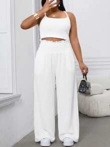 SHEIN Tall CURVE سراويل كاجوال فضفاضة من الشيفون الأحادية اللون لربيع/صيف المرأة ذات الحجم الكبير، خصر مطاطي مع حافة متسعة، مناسبة للعمل والارتداء اليومي - أبيض - مشاهدة 7