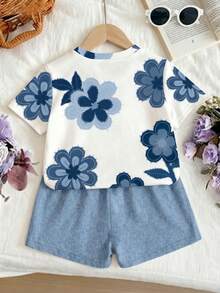 Bộ 2 món cho bé gái 8-12 tuổi, gồm áo thun ngắn tay và quần short in họa tiết hoa lấy cảm hứng từ phong cách vintage/thiên nhiên, chất liệu denim nhẹ, thích hợp mặc hàng ngày, đi học, hoạt động ngoài trời, mùa xuân/hè/thu. - Nhiều màu - Xem 2